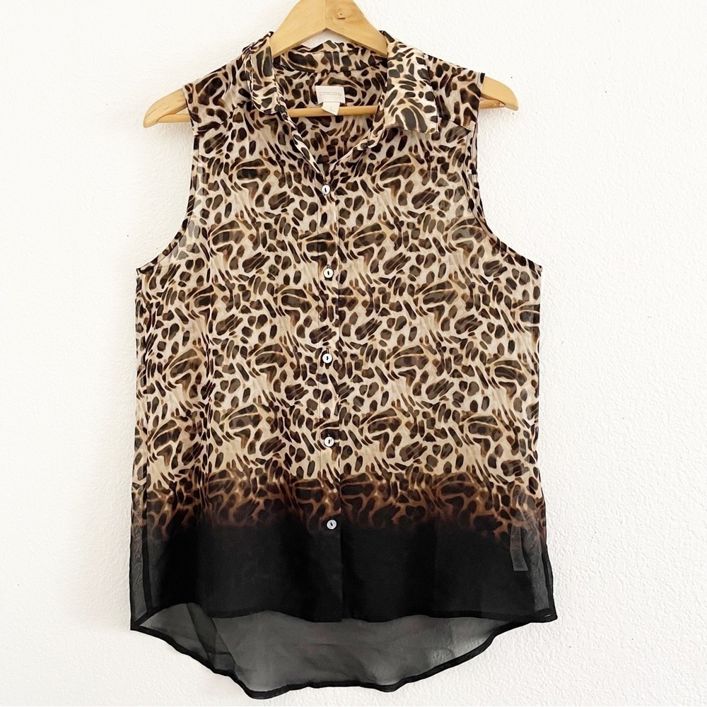 Chico’s Sheer Sleeveless Animal Print Button Down Blouse